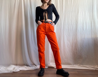 Vintage cintura alta pierna cónica pantalones de mezclilla pesados en naranja, casual 80s 90s longitud completa mamá jeans, tamaño mediano M