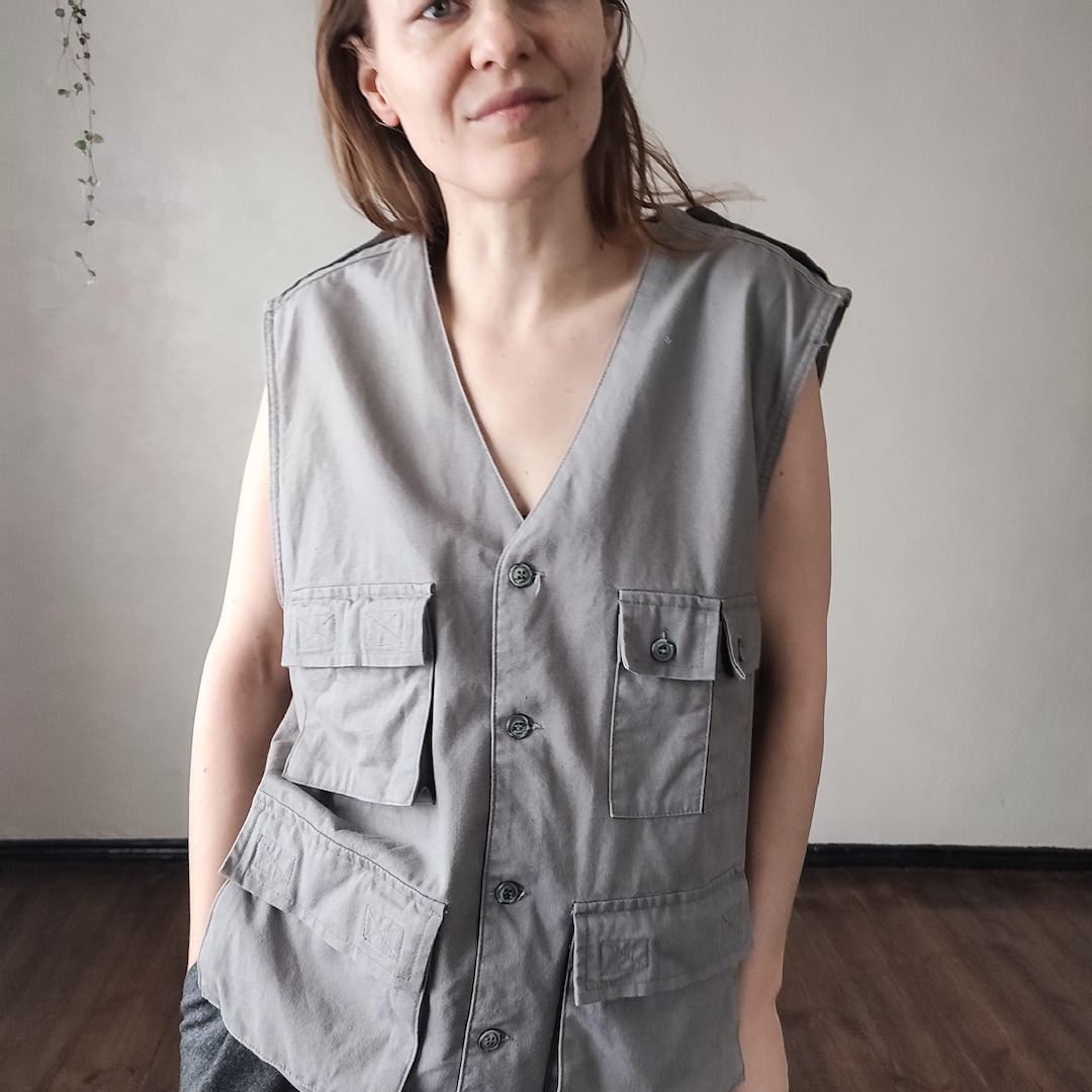 Vintage Gray Cotton Utility Vest - 90s Sleeveless Workwear - Size S - Etsy