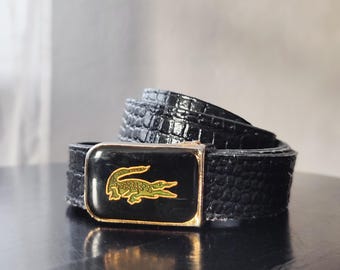 Vintage Black Shiny Croc Embossed Leather Belt with Alligator Buckle - Size XS/S