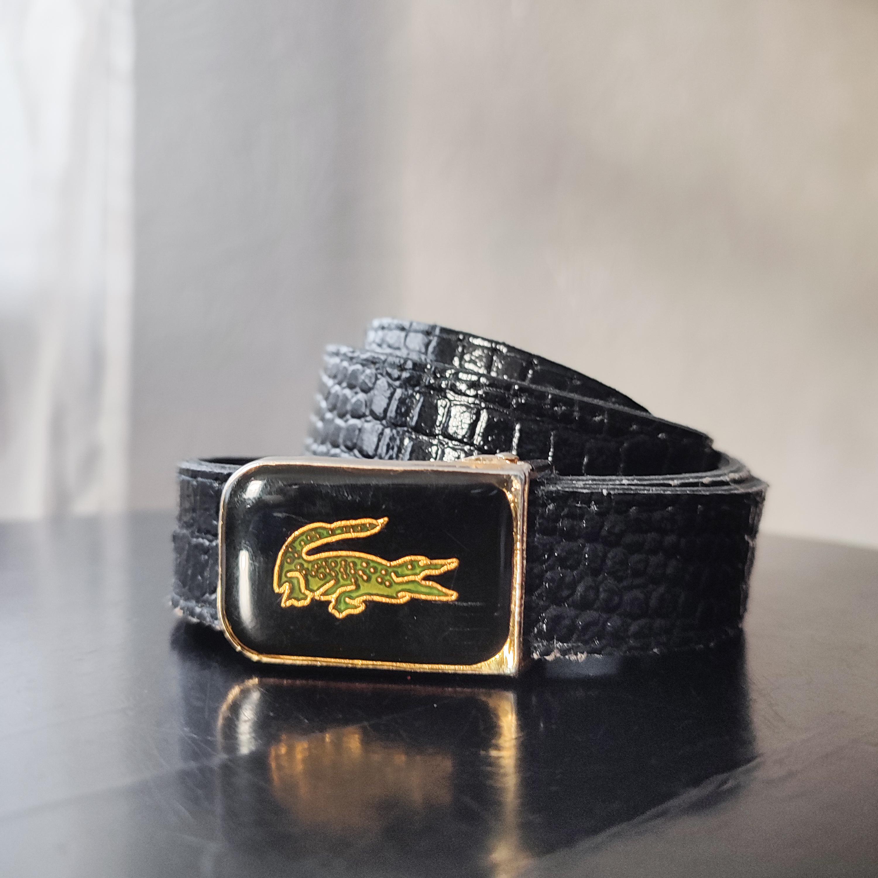 Vintage Black Shiny Croc Embossed Leather Belt With Alligator