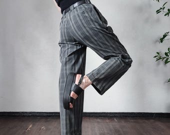 Vintage Plaid Distressed Menswear Trousers - Pleated Lightweight Cotton Pants - Size M/L