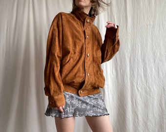 Vintage Tawny Brown Soft Suede Bomber Jacket, 90s Stand Collar Genuine Leather Coat With Pockets, Small Medium Large