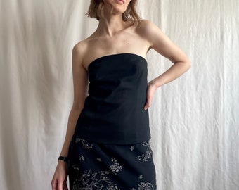 Vintage Chic Fitted Party Tube Top, Black 90s Y2K Open Shoulder Sleeveless Corset Top, Small Size S