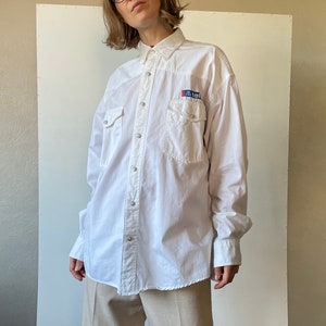 Vintage workers shirt, white oversized cotton shirt, long sleeve mens shirt, button down top, snap button workwear shirt, small medium large image 5