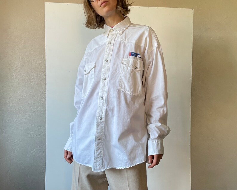 Vintage workers shirt, white oversized cotton shirt, long sleeve mens shirt, button down top, snap button workwear shirt, small medium large image 5