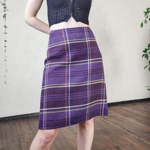 ヴィンテージウールブレンドチェック柄ペンシルスカート（パープルバイオレット） - Y2K スリークタータンチェック秋冬膝丈スカート - サイズ S