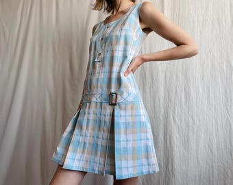 Grey check button up pinafore mini dress hot sale