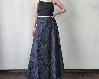 Vintage Maxi Wrap Skirt - Navy Wavy Stripe Long Skirt - Adjustable Waist