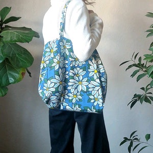 Handmade tote bag upcycled large floral in blue white yellow fabric shopper reusable market bag image 6