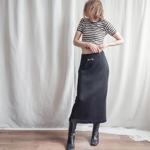 Vintage Wool Blend Midi Skirt - 80s Equestrian Buckle - Size S