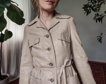 Vintage jaren 70 beige leren safarijack - Horst Mandel Designer - Maat XS/S