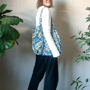 Handmade tote bag upcycled large floral in blue white yellow fabric shopper reusable market bag image 4