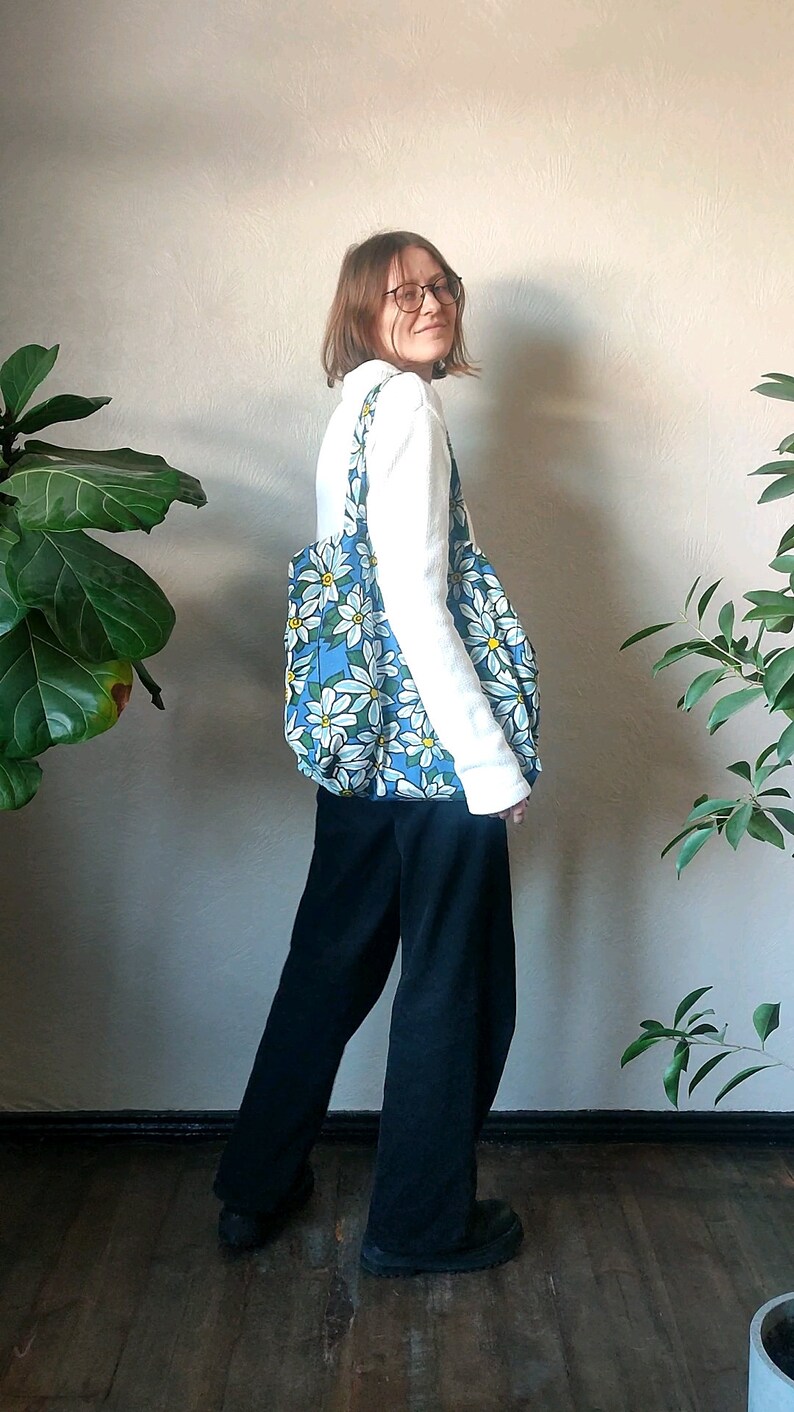 Handmade tote bag upcycled large floral in blue white yellow fabric shopper reusable market bag image 4