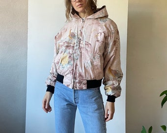 Vintage hooded short puffer jacket pastel pink, warm padded 80s cropped jacket, bird flower print zip up jacket, cozy outerwear, small size