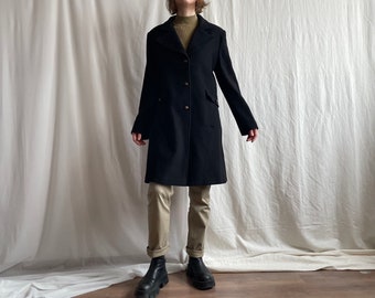Vintage Black Cashmere Wool Coat, Single Breasted Lapel Collar Knee Length Overcoat with Pockets, Small Medium Size S M