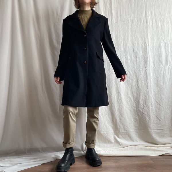 Manteau en laine de cachemire noir vintage, pardessus longueur genou avec revers boutonnage simple avec poches, petite taille moyenne S M