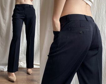 Pantalon droit vintage, coupe décontractée, pantalon de bureau bleu noir, pantalon de costume avec poches latérales plissées, petite taille S