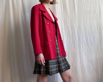 Vintage Double Breasted Fitted Red Blazer, Oversized Lapel Collar Retro Jacket with Flap Pockets, Medium Large size
