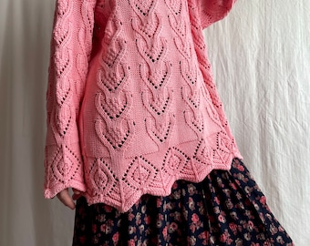 Vintage Pink Lace Knit Long Sleeve Sweater, Knitted Oversized Sweater, Loose Fit Cotton Pullover Jumper, Medium Size M