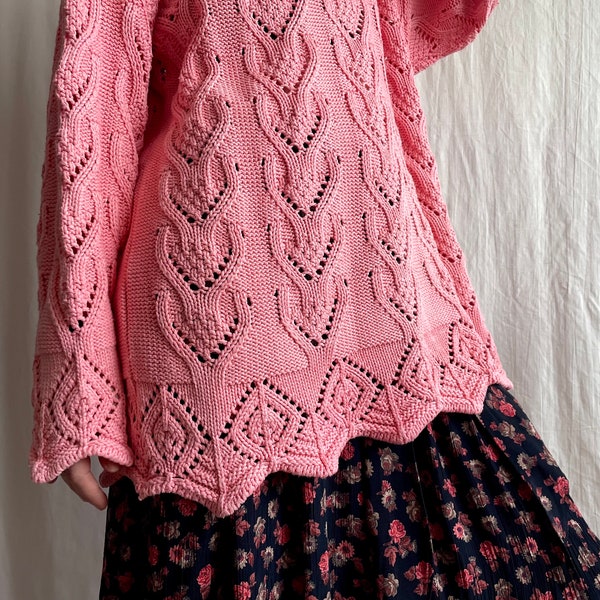 Vintage Pink Lace Knit Long Sleeve Sweater, Knitted Oversized Sweater, Loose Fit Cotton Pullover Jumper, Medium Size M