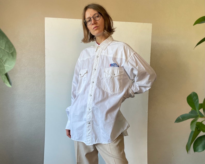 Vintage workers shirt, white oversized cotton shirt, long sleeve mens shirt, button down top, snap button workwear shirt, small medium large image 3