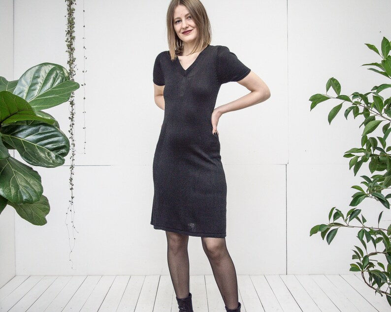 Vintage Black Knit V Neck Dress Stretchy Short Sleeves Knee - Etsy