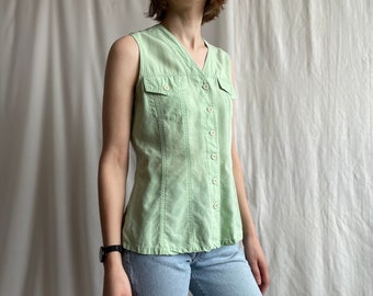 Vintage Sleeveless Button Front Summer Top, V-neck Viscose Blouse, Pastel Green Flap Pocket Shirt Top, Small Size S
