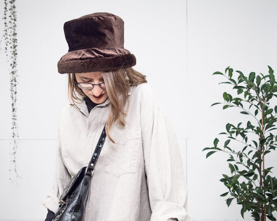 Vintage brown plush bucket hat 90s faux fur winter