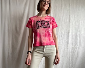 Vintage 90s Y2K Printed Pink Tie Die T-Shirt, Short Sleeve Abstract Animal Print Cotton Tee, Small Medium Size S M