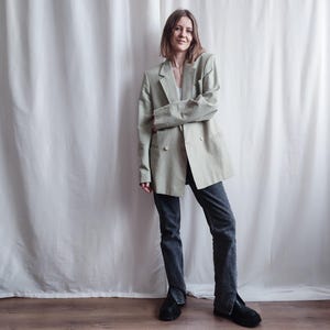 Vintage lichtgroene linnen katoenen herenblazer van Tiklas, boxy unisex jack met dubbele rij knopen, kleine middelgrote maat S/M