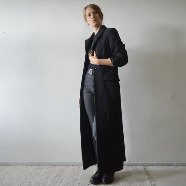 vintage dark gray wool blend maxi coat small size 36 classic fit notch collar winter coat with pockets by HENNES