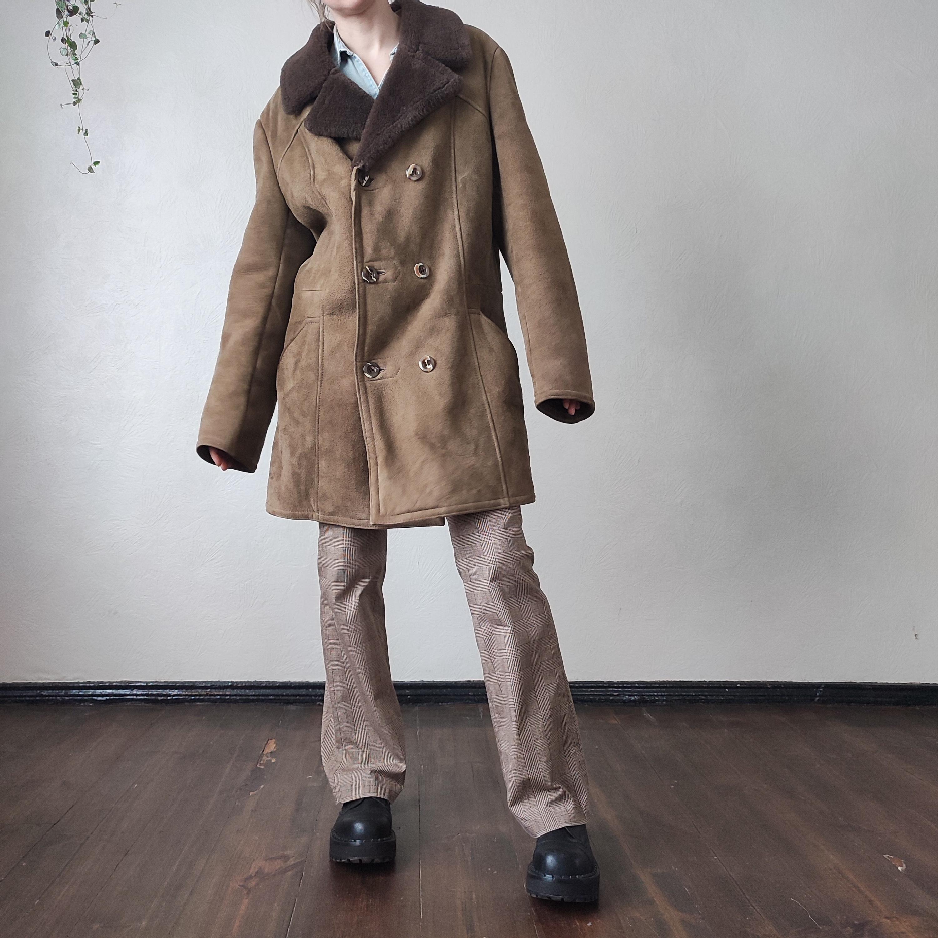 Vintage Men's Shearling Coat - Double Breasted Brown 70s Afghan