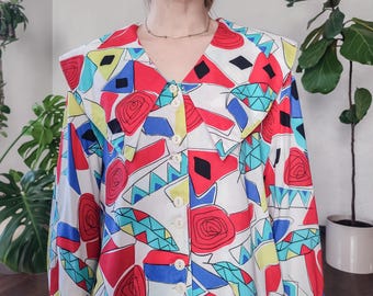 80s Abstract Print Puritan Collar Blouse - Vintage Multicolor Button-Up Top - Size L