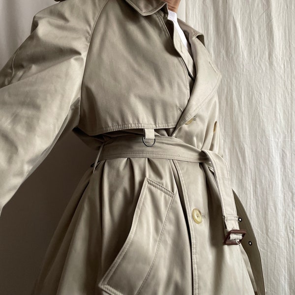 Vintage Zweireihiger Beige Maxi Trenchcoat, 90er Jahre Reverskragen Gürtel Seitentasche Mantel, Mittelgroß, Extra Groß M L XL