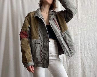 Vintage padded windbreaker jacket in earth tones, 80s 90s zip up bomber jacket with flap pockets, Small Medium size S M