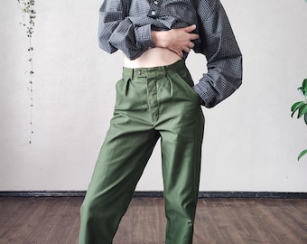 Swedish Vintage Military Suit Pants - Green Tailored Utility Trousers - Size XS/S
