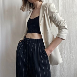 Vintage Fitted Single Breasted Longline Blazer in Light Cream, Lapel Collar Suit Jacket with Pockets Extra Small Size XS