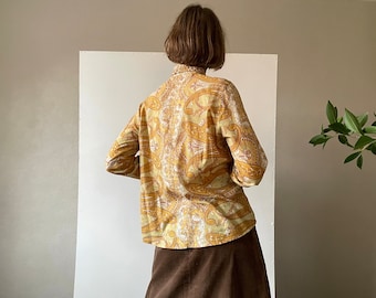 Vintage 70er Jahre taillierte Langarm Bluse mit Paisley-Muster, lässiges Hemd mit Knopfleiste, klassisches Hemd aus Baumwolle, Größe M