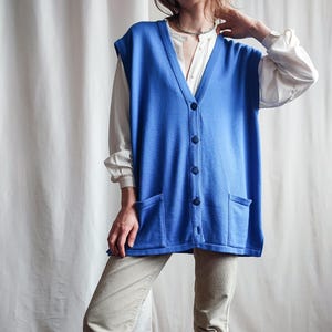 Vintage Wool Blend V-Neck Sweater Vest in Bright Blue, Loose Fit Front Button Sleeveless Cardigan, Size XL or Oversized