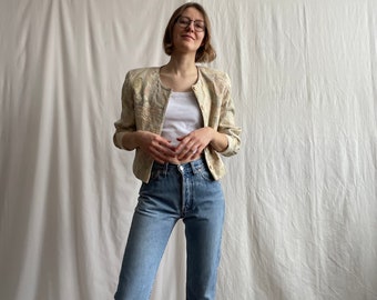 blazer vintage court sans col en tapisserie, boutonné sur le devant, veste blazer en tissu de coton texturé des années 80, petite taille moyenne S M