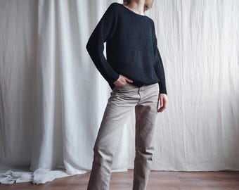 Vintage Black Knit Sweater: Heavyweight Textured Minimalist Top (S/M)