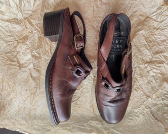Vintage Brown Leather Slingbacks - 70s Does 90s Mid Block Heel Shoes