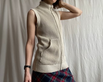 Vintage Italian Silk Blend Zip Up Sweater Vest with Pockets, Stand Collar Beige Sleeveless Knitted Top, Medium Size M