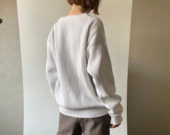 Vintage oversized white rib knit sweater, warm knitted cotton pullover, 90s chunky loose fit jumper, Small Medium Large