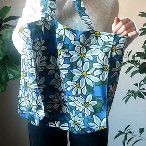 Handmade tote bag upcycled large floral in blue white yellow fabric shopper reusable market bag image 2