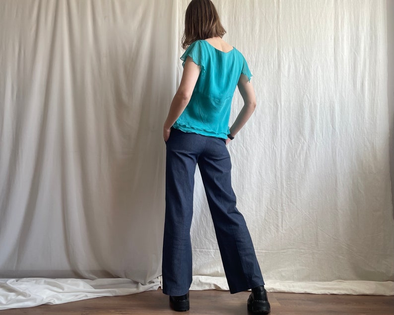 Pantalon en jean vintage taille basse à plis larges, pantalon en jean bleu foncé de l'an 2000 avec poches latérales, petite taille S image 3