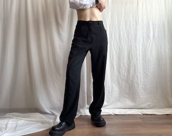 Vintage cintura alta pliegue pierna oficina pantalones negro relajado ajuste alto traje pantalones con bolsillos pequeño tamaño mediano S M