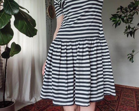 Vintage Black and White Striped Mini Dress - Drop Waist Cotton Jersey -  Size S - Etsy