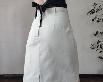 Vintage Linen Blend Knee Length Pencil Skirt in Pale Beige - Size S