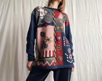 Vintage 3D Knit Floral Sweater: Textured Wool Blend Pullover, Small